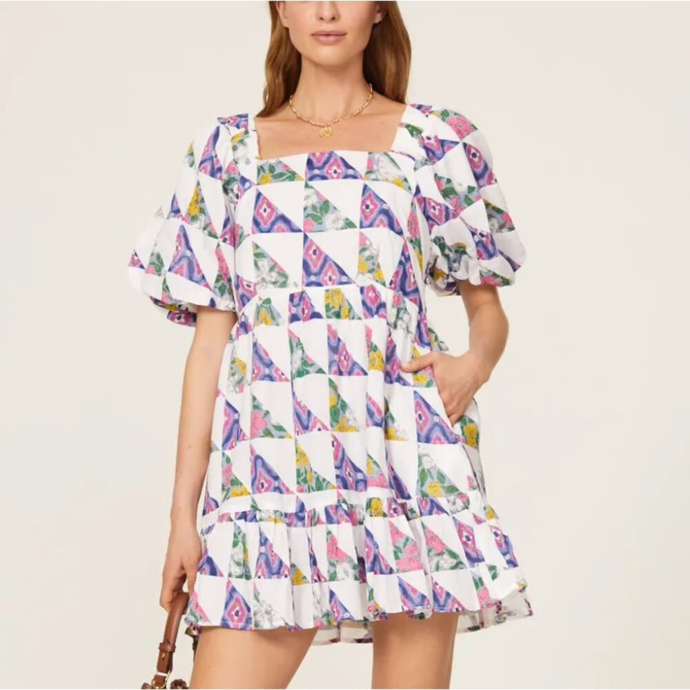 Banjanan Harley Colorful Patchwork Puff Sleeve Mini Dress